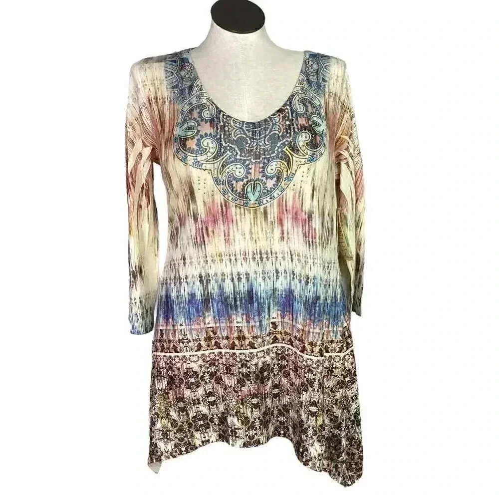 One World Women XL Studded Sharkbite Geometric Top Blue Multicolor 3/4 Sleeves